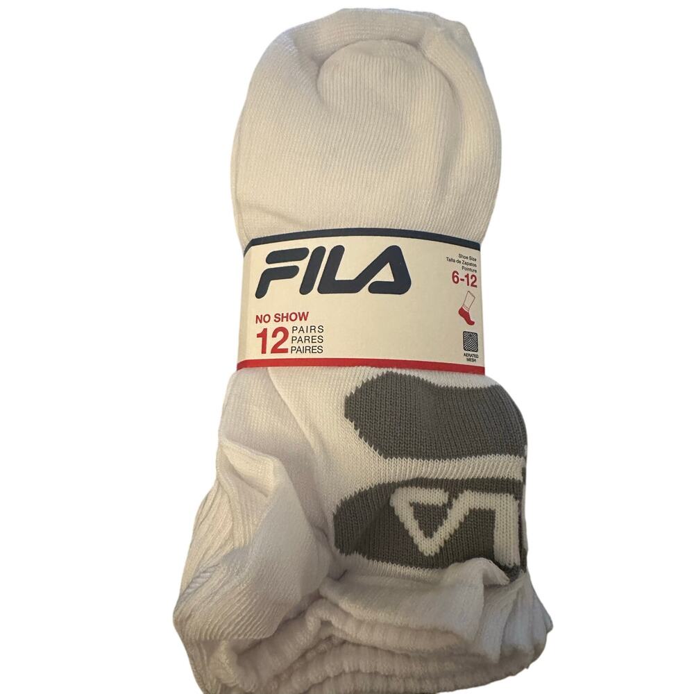 Fila No Show Socks, 12 Pack, White Socks with Gray and Black, Men Size 6-12, NWT